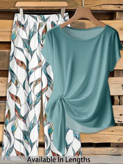 SHEIN PETITE CURVE Plus Size Solid Color Twist Front Tee And Floral Print Pants  Casual 2 Pieces Set  Summer Holiday Outfits