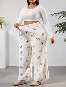 SHEIN PETITE CURVE Plus Size Women Casual Everyday Commute Bow Print Elastic Waist Loose Wide Leg Fleece Pants, Autumn/Winter Valentine's Day - White - View 4
