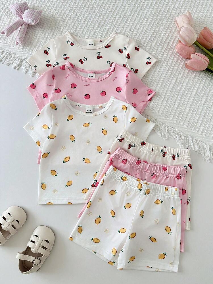 SHEIN 6件套女婴休闲可爱舒适冰淇淋标语印花短袖上衣和短裤套装，适合春夏外出和日常穿着 - 彩色 - 查看 9