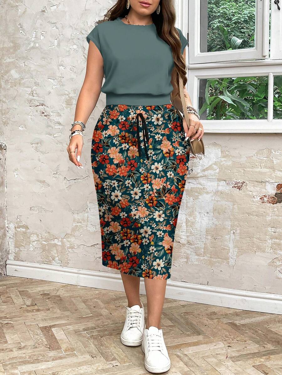 EMERY ROSE Plus Size Summer Casual Solid Color Top And Floral Print Skirt 2-Piece Set Spring - Teal Blue - View 1
