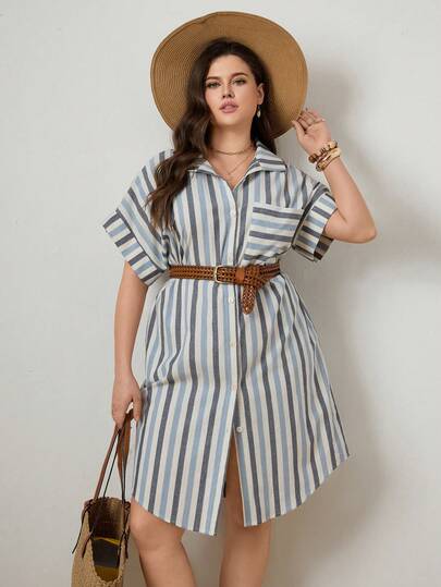 Zelara Plus Size Summer Casual Vacation Front Button Striped Shirt Dress Plus Size Resort Wear Curve Casual Dress Women Striped Shirt Dress Women Shirt Dress Plus Size Shirt Dress