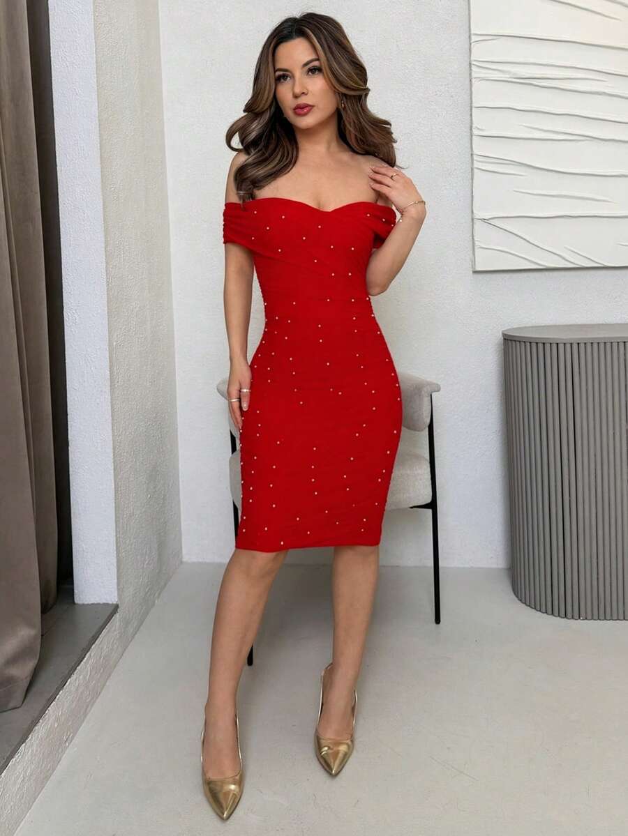 Jemour Women Open Shoulder Short Sleeve Beaded Bodycon Mini Dress - Red - View 1
