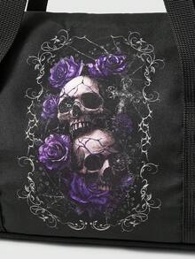 ROMWE Grunge Punk Bolso de hombro con calavera y flores moradas - Rosa Roja - Ver 3