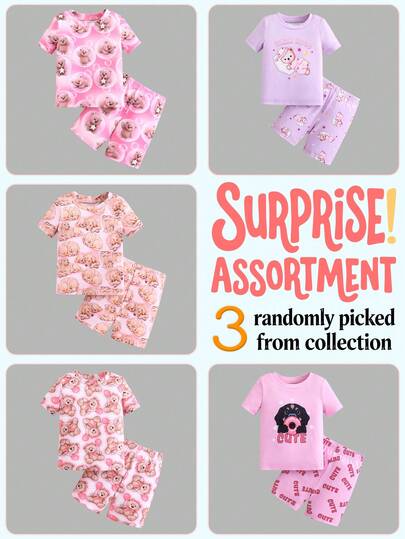 3件套 女童可爱卡通动物印花短袖短裤针织贴身睡衣家居服套装