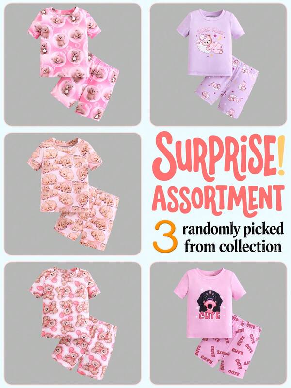 3pcs/Set Girls' Cute Cartoon Animal Print Short Sleeve Shorts Knit Snug Fit Pajamas Home Clothes Set