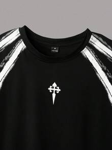 STYNVO Streetrush 男士撞色印花圆领短袖 T 恤男士 Y2k 服装男士服装男士黑色服装、万圣节、万圣节派对、街头服饰 - 黑色 - 查看 4