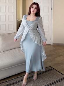 Dazy Plus 大码撞色碎花修身长裙，两穿设计，优雅约会之选，春夏连衣裙 - 淺藍色 - 查看 8