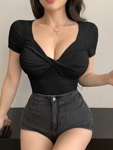 Joudiya 女士V领扭结短袖修身露脐T恤外出上衣 - 黑色 - 查看 6