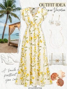 Ellevyn 女士优雅度假水果印花褶皱腰身A字荷叶边连衣裙，适合度假、海滩、夏季、外出、约会、通勤及多种场合。 - 彩色 - 查看 8