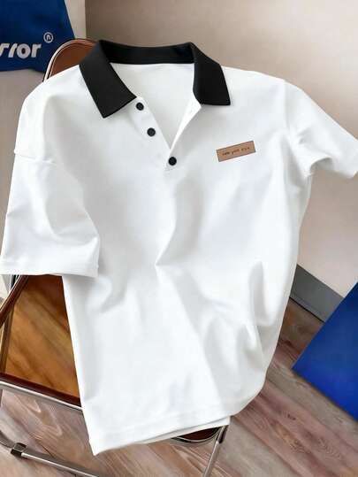 Manfinity Joysei Svartvit pikétröja med kontrastkrage, New York-stil, kortärmad t-shirt med pikékrage, mångsidig topp för män