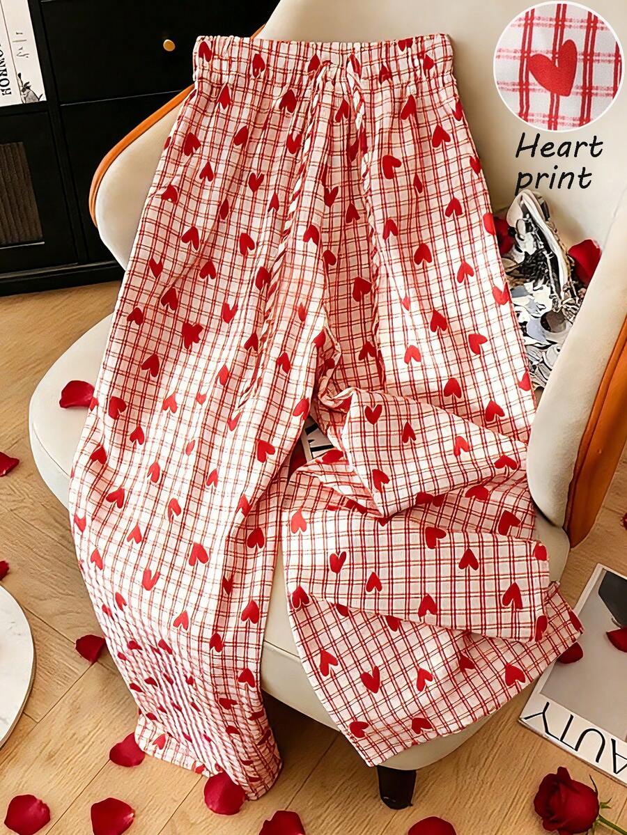 Franclia Women's French Style Casual Slimming Red Plaid Heart Print Wide Leg High Waist Drawstring Straight Pants, Spring/Summer Red Heart Plaid Pajama Pants Red And White Checkered Pants Pajama Pants Red Gingham Pants Checkered Pants - Red - View 1