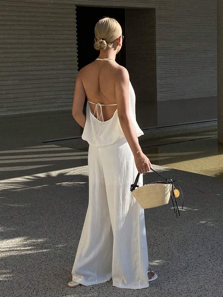 Women's Solid Color Spaghetti Strap Tie Cropped Backless Camisole And Straight Leg Pants Elegant Vacation Outfit, Spring/Summer 2-Piece Set