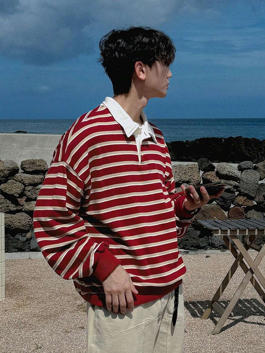 DAZY Men's Striped Patchwork White Collar Polo Shirt, Spring - Red - View 1