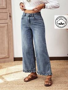 EMERY ROSE Plus Size Women Street Casual Comfortable Mid-Blue Non-Stretch Ruffle Hem Straight Leg Jeans - Medium Wash - View 8