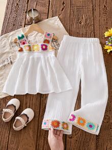 两件套女童碎花钩针吊带背心和裤子，春夏外出和度假的可爱套装 - 白色 - 查看 3