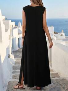 EMERY ROSE 女士休闲无袖V领波西米亚风沙滩长裙，黑白复古热带植物和斑马纹印花，开衩设计，梭织面料，完美适合春夏、西部风情节日和海岛女孩风格。 - 彩色 - 查看 6