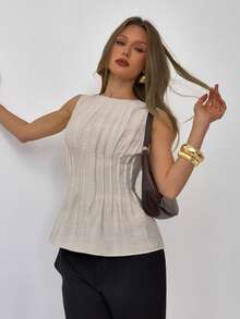 Aloruh 女士优雅通勤圆领收腰褶皱无袖衬衫 - 卡其色 - 查看 6