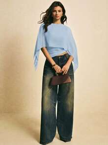 Poéselle 女士纯色圆领短款不对称下摆时尚简约衬衫 - 淺藍色 - 查看 2