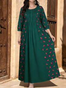 Al Najma Women's Floral & Plant Digital Print Ruched Waist Midi Dress With Flared Hem, Round Neck, Long Sleeve, Spring - Multicolor - View 3