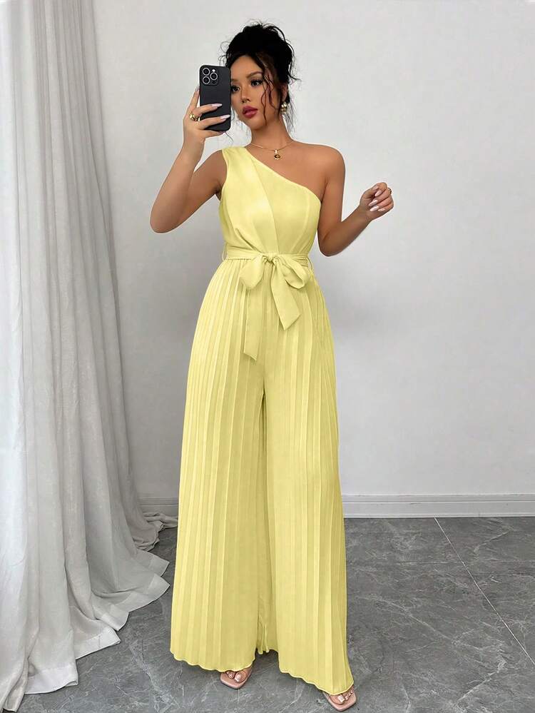 Elenzga Mono elegante de unicolor con cintura fruncida para mujer - Amarillo claro - Añade 1