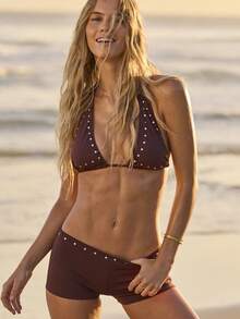 Aralina Bộ bikini 3 món mùa hè xuân, thích hợp đi biển, kiểu tam giác, buộc dây cổ, dành cho nam giới, gợi cảm, kèm túi đựng đồ bơi. - màu nâu - Xem 6