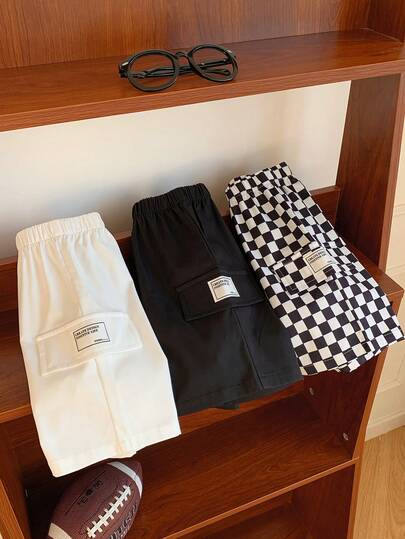 SHEIN 3pcs/Set Kids Tween Boys Casual Checkerboard Print Loose Woven Shorts,Black,White,Summer Cargo Shorts,Y2K Style,Back-To-School,School,Travel,Vacations