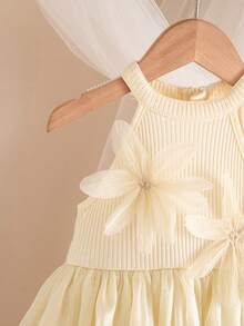 女婴优雅可爱公主裙，杏色花卉欧根纱无袖连衣裙 - 杏色 - 查看 6