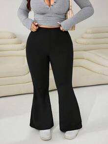 SHEIN Tall CURVE Plus Size Women Casual Solid Color High Waist Flare Leg Pants, Versatile For Daily Commute Plus Size Flare Pants Flared Leggings For Women Plus Size Bell Bottoms Yoga Pants Plus Size Maternity Clothes Maternity Pants,High-Elastic Pants - Black - View 4