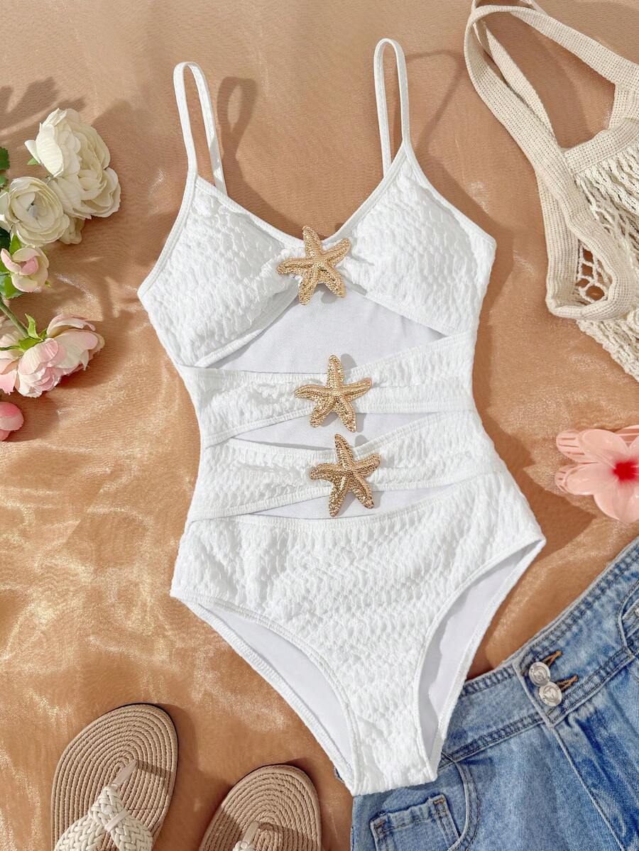 SHEIN Áo tắm liền thân màu trắng khoét rỗng họa tiết sao biển ánh kim thời trang cho bé gái tuổi teen, áo tắm sao biển kiểu bãi biển/khu nghỉ dưỡng, áo tắm liền thân màu trắng dễ thương, áo tắm cho thiếu nữ, áo tắm liền thân cho nữ, áo tắm liền thân cho tuổi teen, áo tắm liền thân cho bé gái, áo tắm liền thân cho bé gái, áo tắm mùa hè cho nữ. - trắng - Xem 1