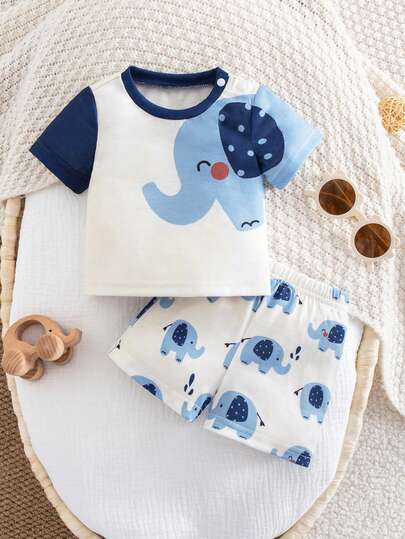 SHEIN Newborn Baby Cute Elephant Print Short Sleeve T-Shirt & Floral Shorts Set, Summer