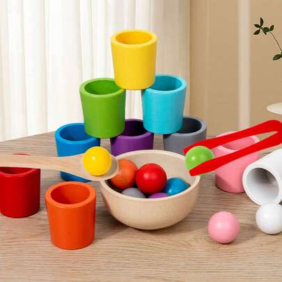 Holzfarbsortier-Spielzeugset, ausgestattet mit Bechern und Bällen, zur Förderung der Feinmotorik, Clip-Perlen-Spiel, sehr geeignet als Geburtstagsgeschenk und Lernspielzeug, perfekte Geschenke für Kinder ab 3 Jahren