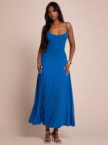 SHEIN BAE Women's Sleeveless Solid Navy Blue Dress With Ruffle Hem, Suitable For Vacation, Beach, Elegant Wedding Guest Attire - Blue - View 4