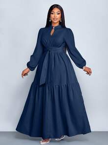 SOLERSUN Plus-Size Women's Fashion Solid Color Loose Casual Stand Collar Front Slit Teardrop Button High-End Design Tie-Waist Slim A-Line Long Dress, Elegant, Comfortable, Casual And Fashionable Commuter Dress - Navy Blue - View 6