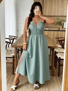 Weeklong Plus Size Women's Backless Spaghetti Strap U-Neck Waist Gathered A-Line Textured Fabric Casual Dress, Spring/Summer - Green - View 1