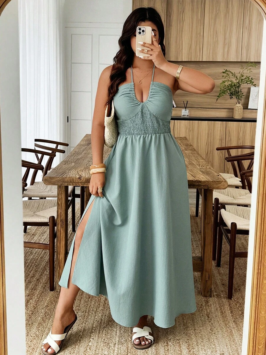 Weeklong Plus Size Women's Backless Spaghetti Strap U-Neck Waist Gathered A-Line Textured Fabric Casual Dress, Spring/Summer - Green - View 1