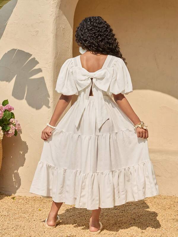 少女休闲优雅简约高端泡泡袖露背蝴蝶结装饰连衣裙，沙滩度假连衣裙