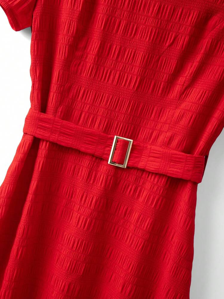 Franclia שמלת קיץ אדומה עם צווארון עגול ומותן צמוד ושרוולים קצרים לנשים, מתאימה לדייטים, נסיעות עסקיות, מפגשי חג - אדום - ראה 4