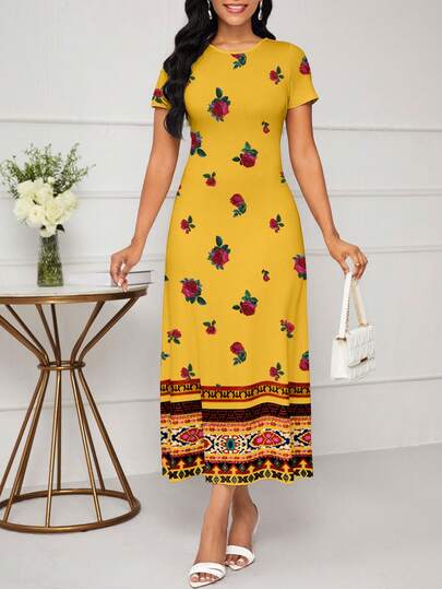 Modelyn Women's Floral Print Round Neck Casual Minimalist Short Sleeve Dress