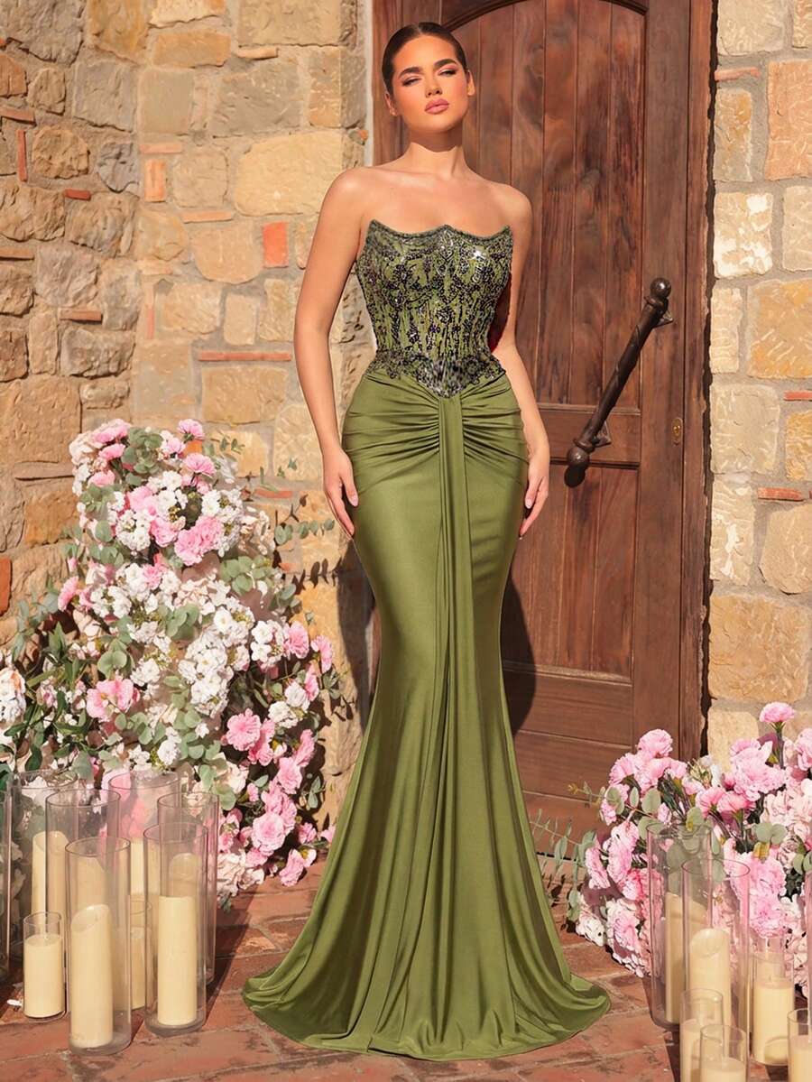 Glamrae Đầm dạ hội dáng đuôi cá gợi cảm, thanh lịch, sang trọng, cao cấp, đa năng, đính ngọc trai và sequin thêu hoa, chất liệu co giãn, xếp ly, có dây đeo vai rời, phù hợp cho đám cưới, sự kiện, tiệc tùng, kỳ nghỉ, dạ hội và các dịp trang trọng. Màu xanh lá cây. - màu xanh lá - Xem 1