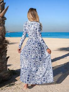 Swim Mulvari Women's 4-Piece Set: Blue Floral Print One-Piece Dress With Sheer Skirt, Long Sleeve Bodysuit, And Fitted Pants, Modest Yet Fashionable Vacation Swimsuit, Spring/Summer - Blue - View 2