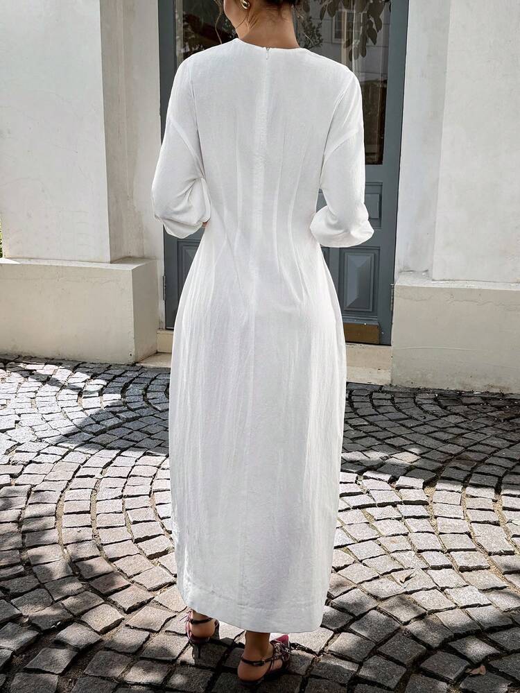 Siren Gaze Business Casual Woman Wedding Guest Dress Women  All White Party Outfit Women   Women's Maxi Dress, White Maxi Dress Old Money Style Wome Teacher Outfits For Women Solid Color, Long Sleeves, Tie-Up Simple And Stylish, Suitable For Summer Ladies Summer Wear Women's Summer Simple Solid Color Front Tie Waist Dress New Year Casual White - White - View 2