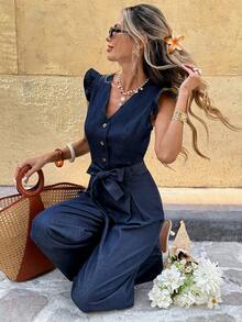 Serisse Women's Casual Wide Leg Denim Jumpsuit Spring To Summer Valentine's Day Carnival Costume Commuting Vacation Graduation Chic Y2k Cute Streetwear Party Wedding Elegant Business Casual Woman Elegant Women's Sleeveless Denim Jumpsuit With V Neckline Ruffle Shoulders And Wide Leg Pants Casual Style - Blue - View 8