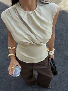 Siren Gaze 女士纯色简约无袖上衣，日常穿着 - 卡其色 - 查看 4