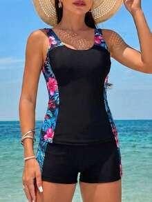 Swim Lushoire 2pcs Women's Vintage Floral Print Patchwork Vacation Mature Style Camisole Bikini Set, Classic Camisole Bikini Two Pieces Suit, Spring/Summer - Black - View 1