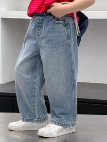 DAZY Young Boy Elastic Waist Pocket Loose Wide Leg Casual Jeans - Blue - View 1