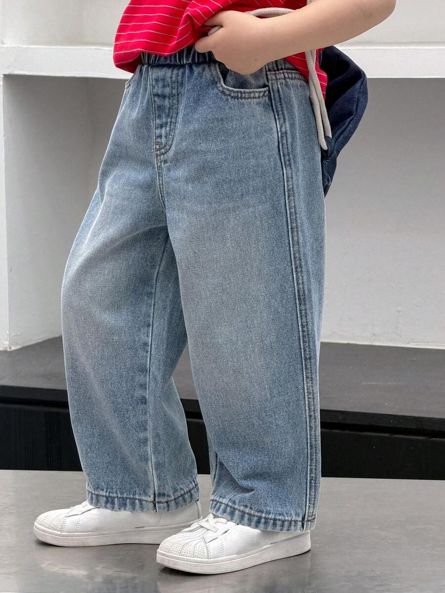 DAZY Young Boy Elastic Waist Pocket Loose Wide Leg Casual Jeans - Blue - View 1