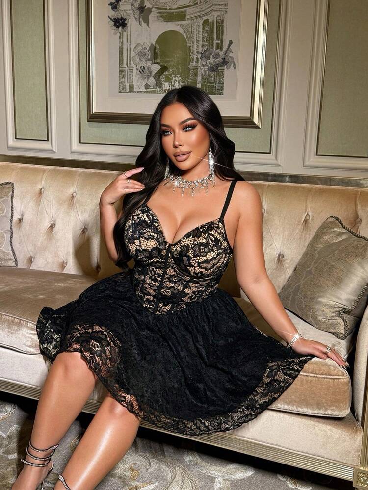 NU&NOW Women's Romantic, High-End, Casual, Young, Fashionable, Elegant Black Lace, Sexy, Knitted, Elastic, Grid Design Waist-Slimming, Minimalist, Commuting, Daily Wear, Slim, Versatile Dress, Suitable For Spring, Autumn, Winter - Black - View 6