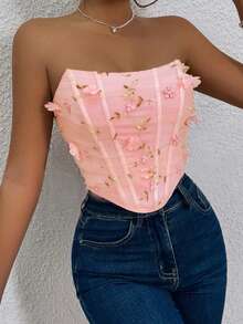 Glamine Women's Embroidered Fishbone Tight-Fitting Fashionable Bandeau Sleeveless Top - Pink - View 3