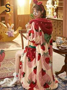 1pc Strawberry Print Hooded Fleece Bathrobe, Long Sleeve Warm Thick Button Closure Loungewear With Pockets, Women Sleepwear For Home, Bathroom, Spa, Salon, Hotel, Gym, Autumn - Multicolor - View 8