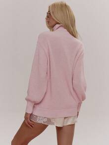 MUSERA High Neck Oversized Zip Through Ribbed Knit Jumper Cute Girly Sexy Spring Winter Going Out Daily Sugar Swizzle - Pink - View 2